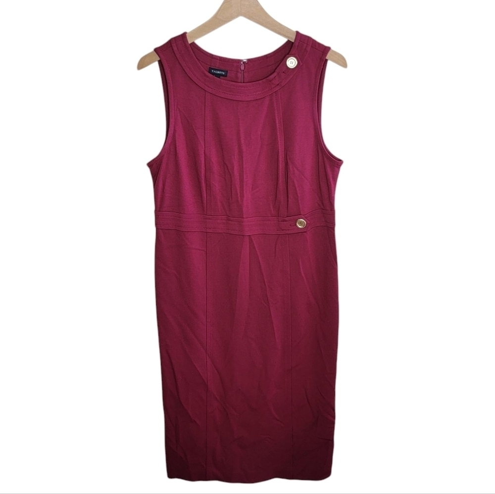 Talbots Maroon Red Sheath Dress with Gold Button Details Size 10